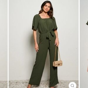 NWOT VANILLA BAY WOMEN'S OLIVE SHORT SLEEVE SELF TIE WIDE LEG JUMPSUIT